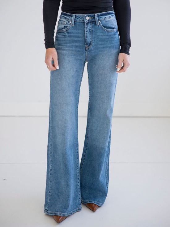 Petra 153 Denim - Petra Flare Jeans Size 9/28 Blue Medium Wash Full Length Fading Throughout NWT
